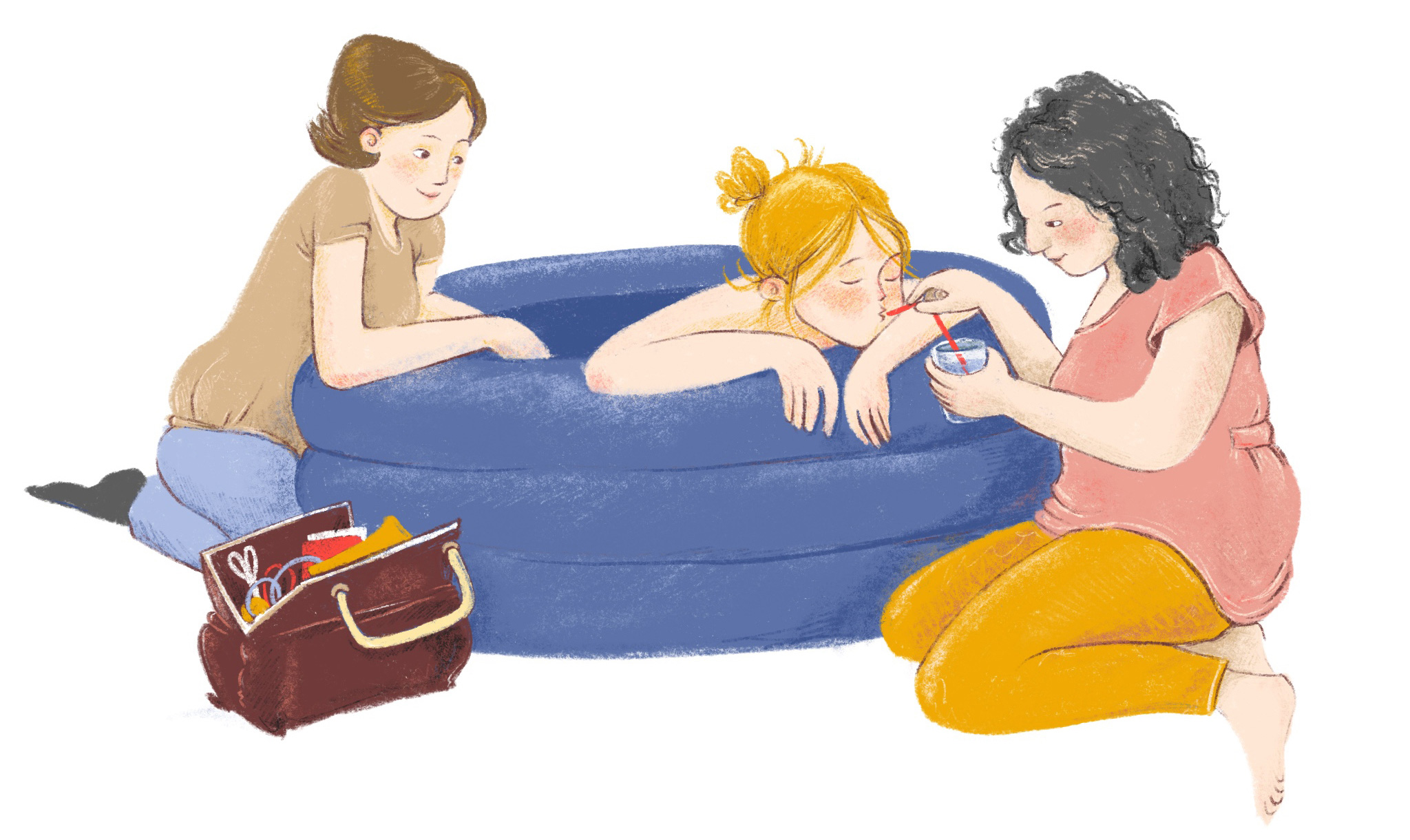 Hausgeburt im Geburtspool mit Hebamme und Doula Illustration